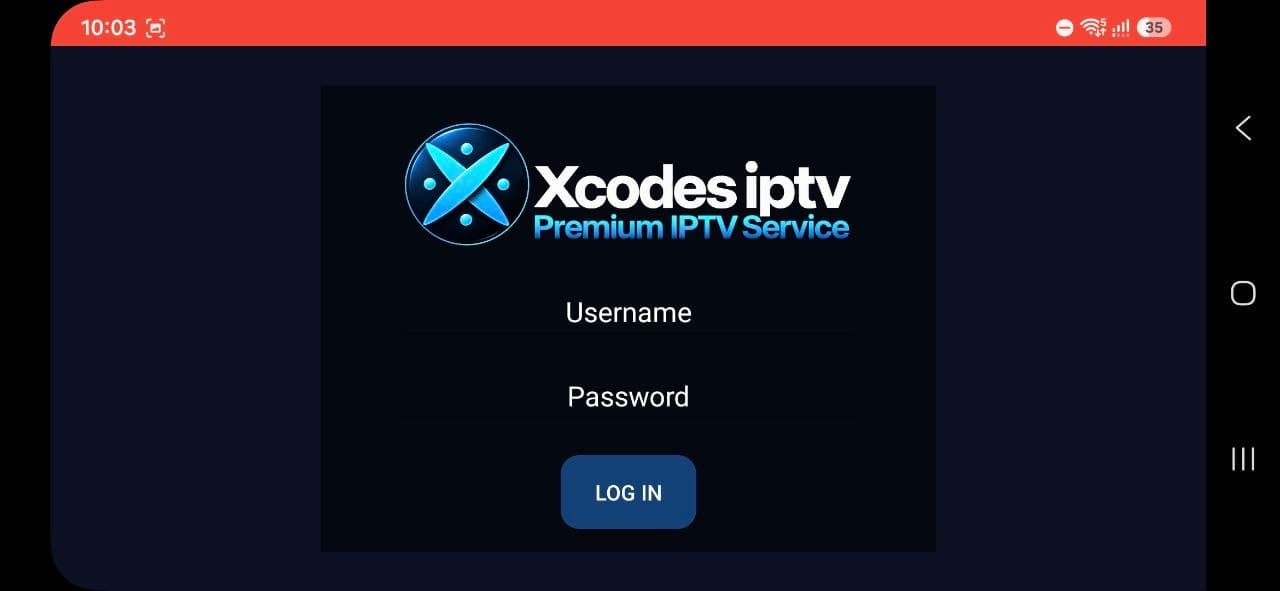 XCodes IPTV app sign-in screen with username and password fields and a Log in button
