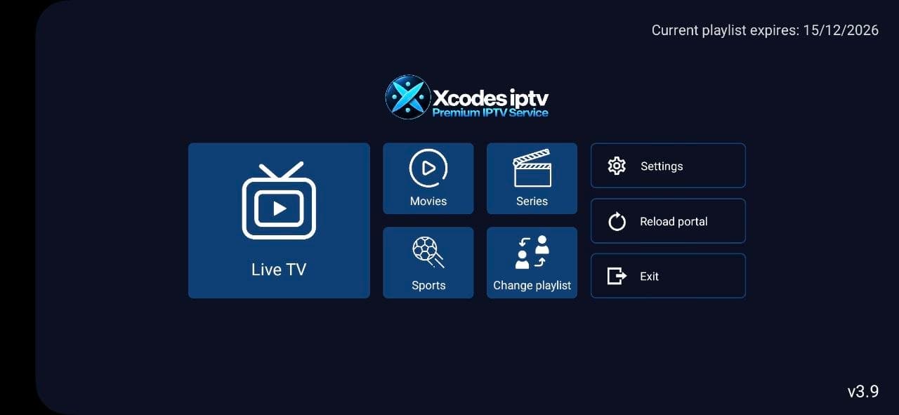 XCodes IPTV app home screen with Live TV, Movies, Series, Sports, Change playlist, Settings and Reload portal