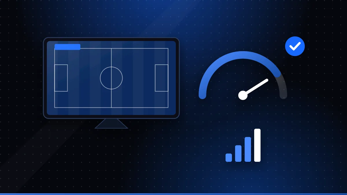 Illustration of a TV showing live sport next to a quality gauge, signal bars and a confirmation tick