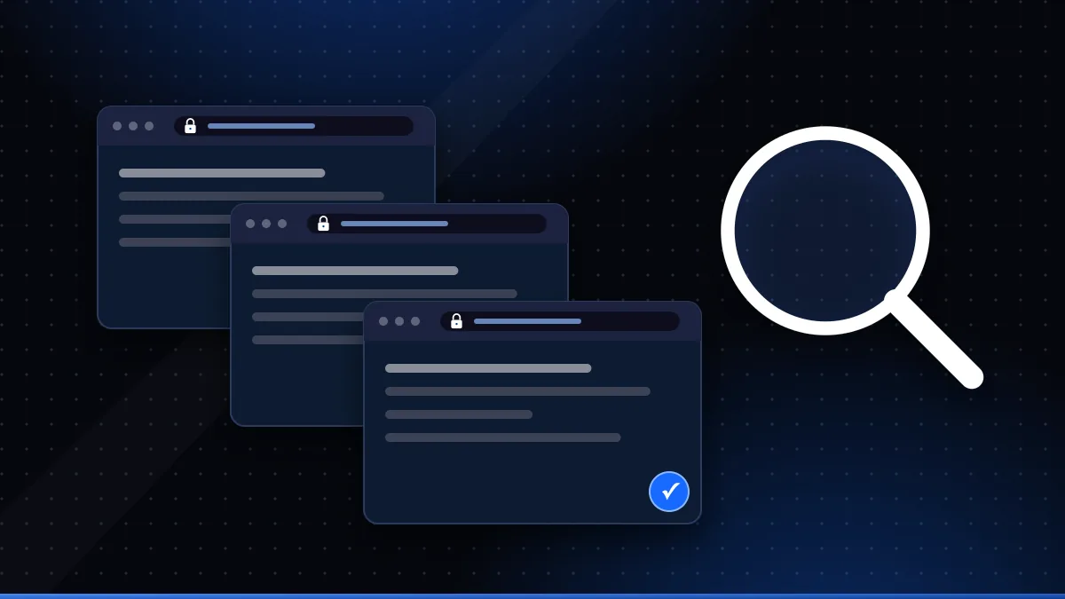 Illustration of several look-alike website cards under a magnifying glass with question marks and one verified tick