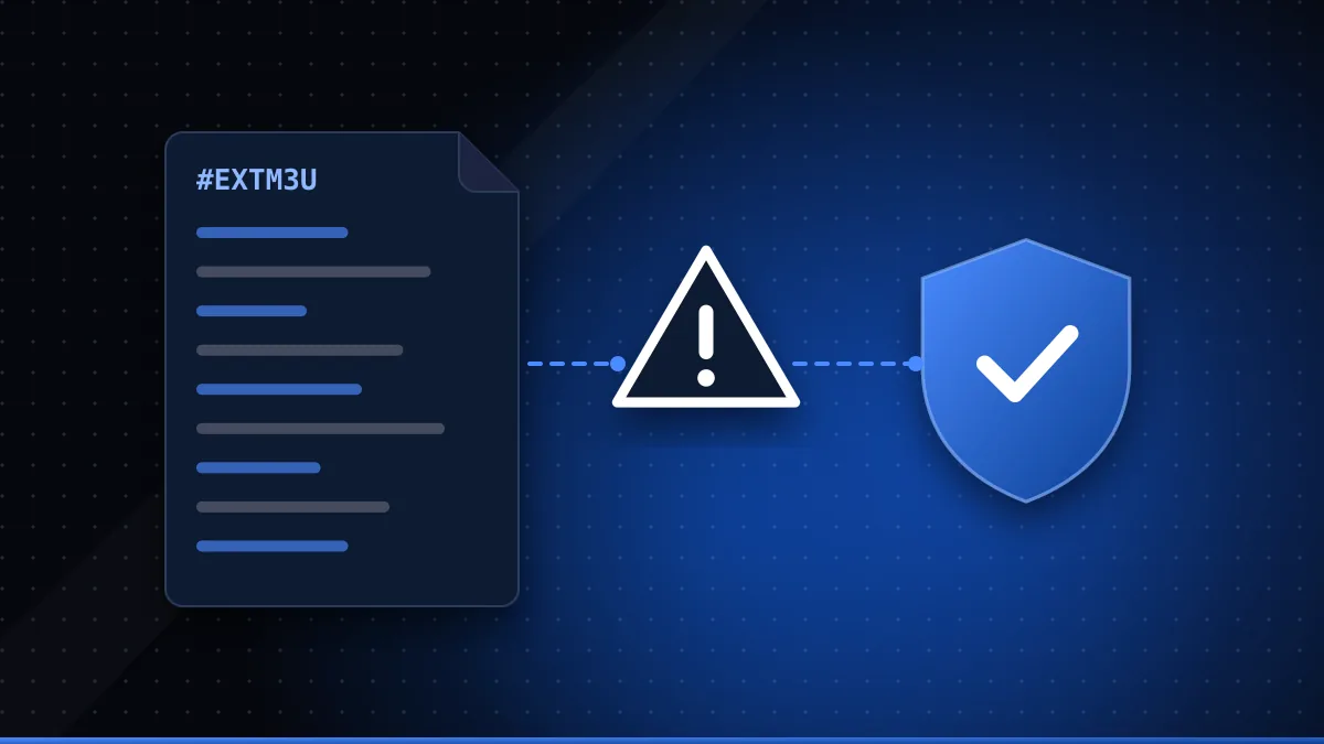 Illustration of an M3U playlist document leading to a warning sign and then a security shield