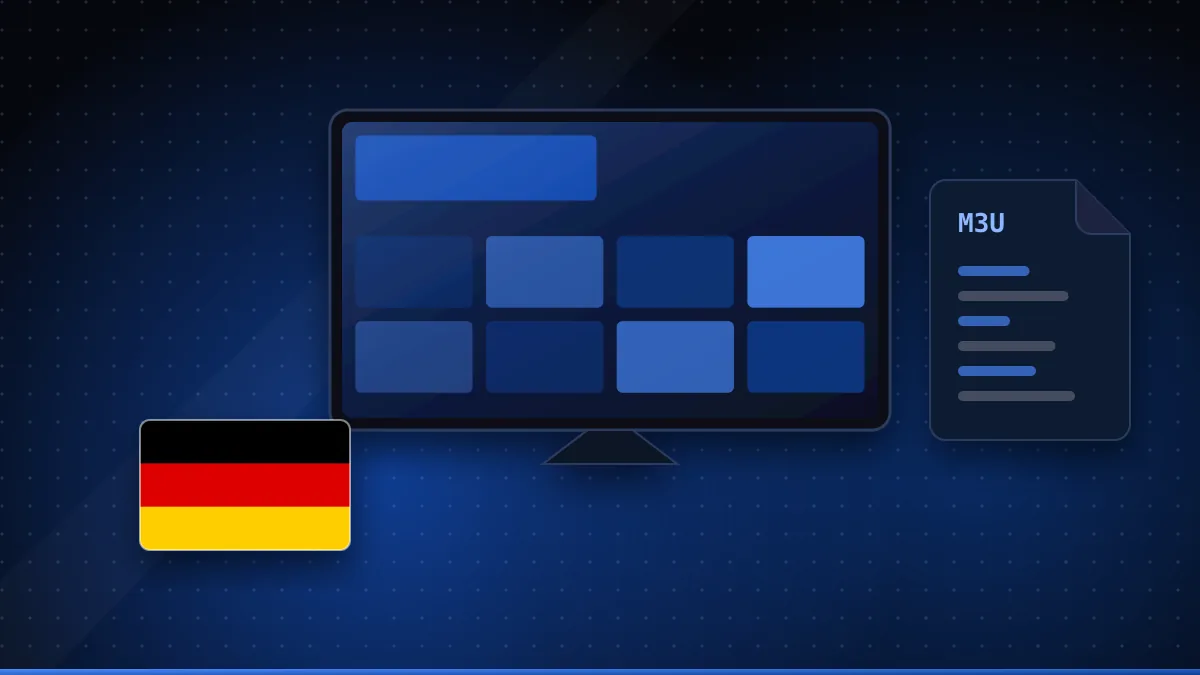Illustration of a TV channel guide beside a German flag, an M3U playlist file and a streaming device