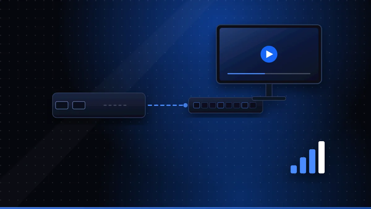 Illustration of a compact HDMI encoder box with an HDMI cable in and a network cable out to a switch and TVs