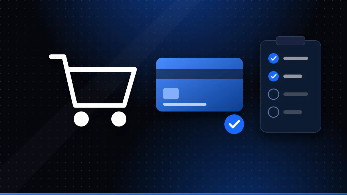 Illustration of a shopping cart, a payment card and a step-by-step checklist