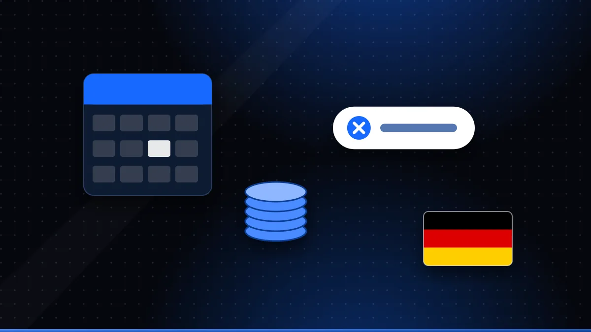 Illustration eines Kalenders, einer Münzsäule und eines Kündigungsknopfs neben einer deutschen Flagge