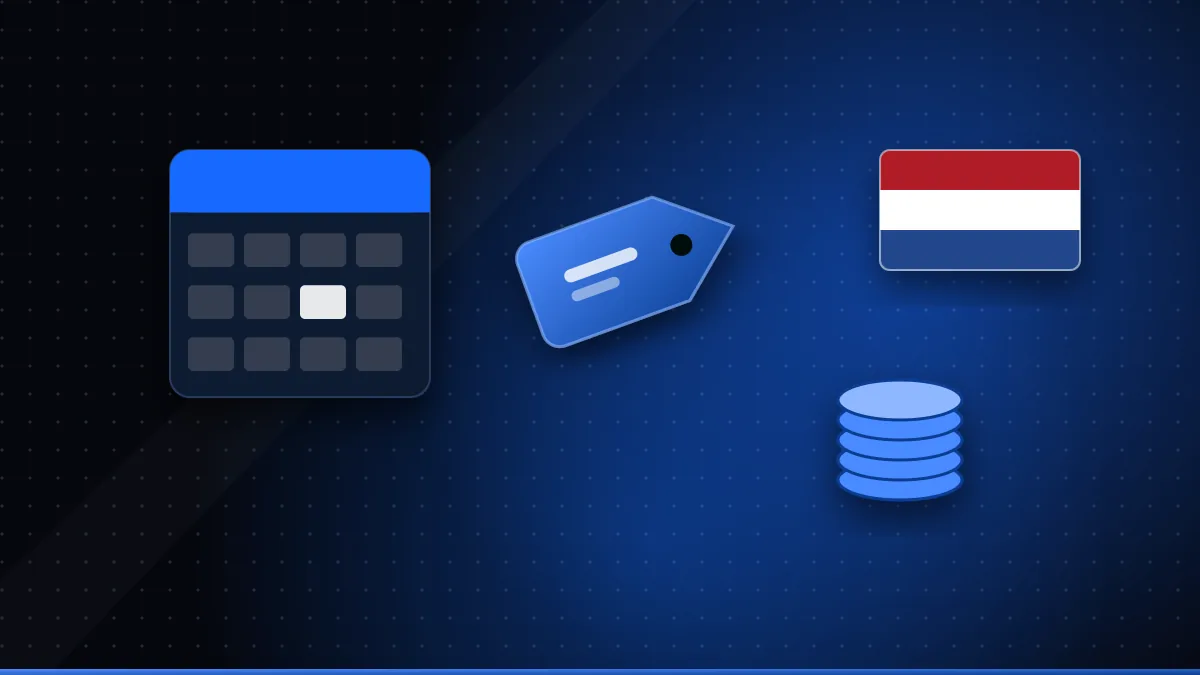 Illustratie van een kalender met looptijd, een stapel munten en een prijskaartje naast een Nederlandse vlag