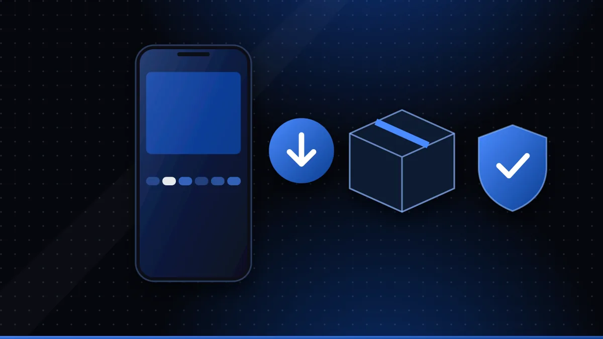 Illustration of an Android-style phone, a download button, an app package box and a security shield