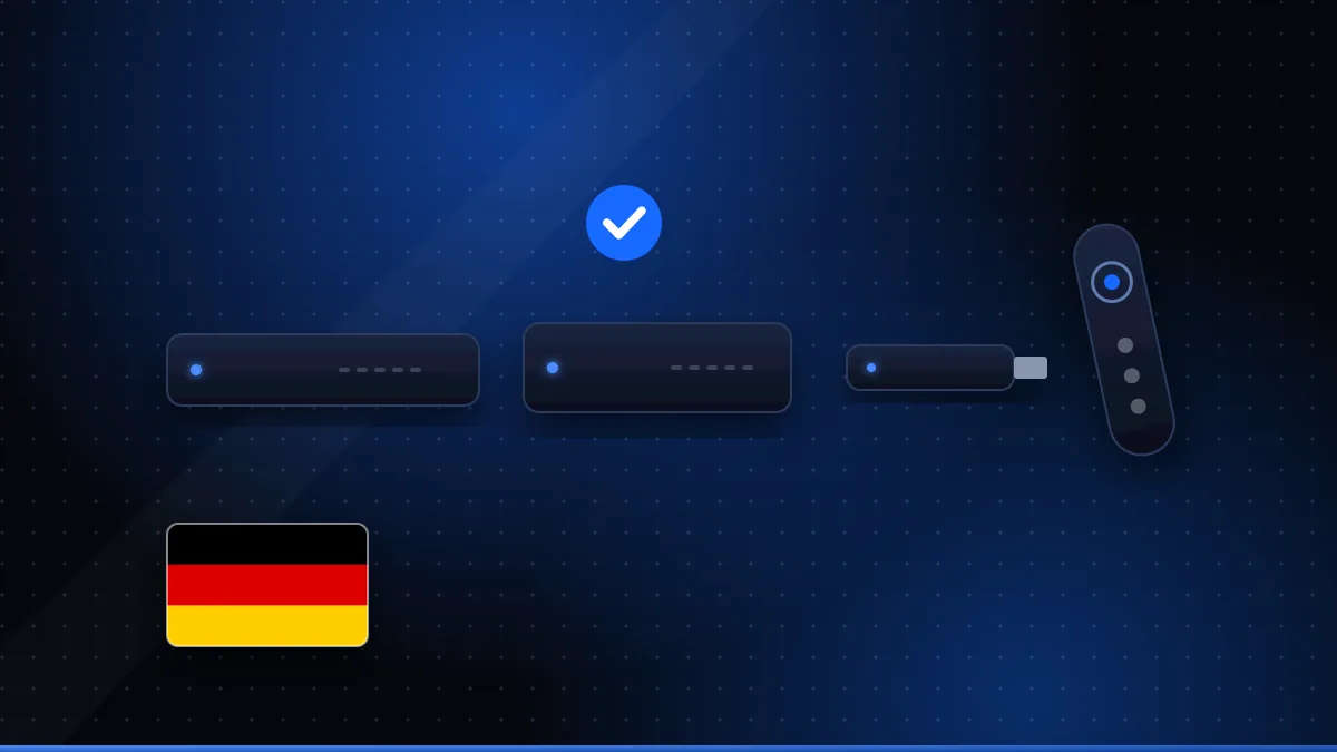 Illustration von drei verschiedenen Streaming-Boxen und einem Stick vor einem Fernseher, daneben eine deutsche Flagge