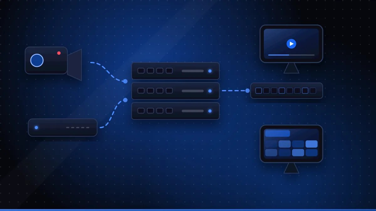 Illustration of a rack-mounted encoder converting camera and HDMI inputs into network streams sent to several screens