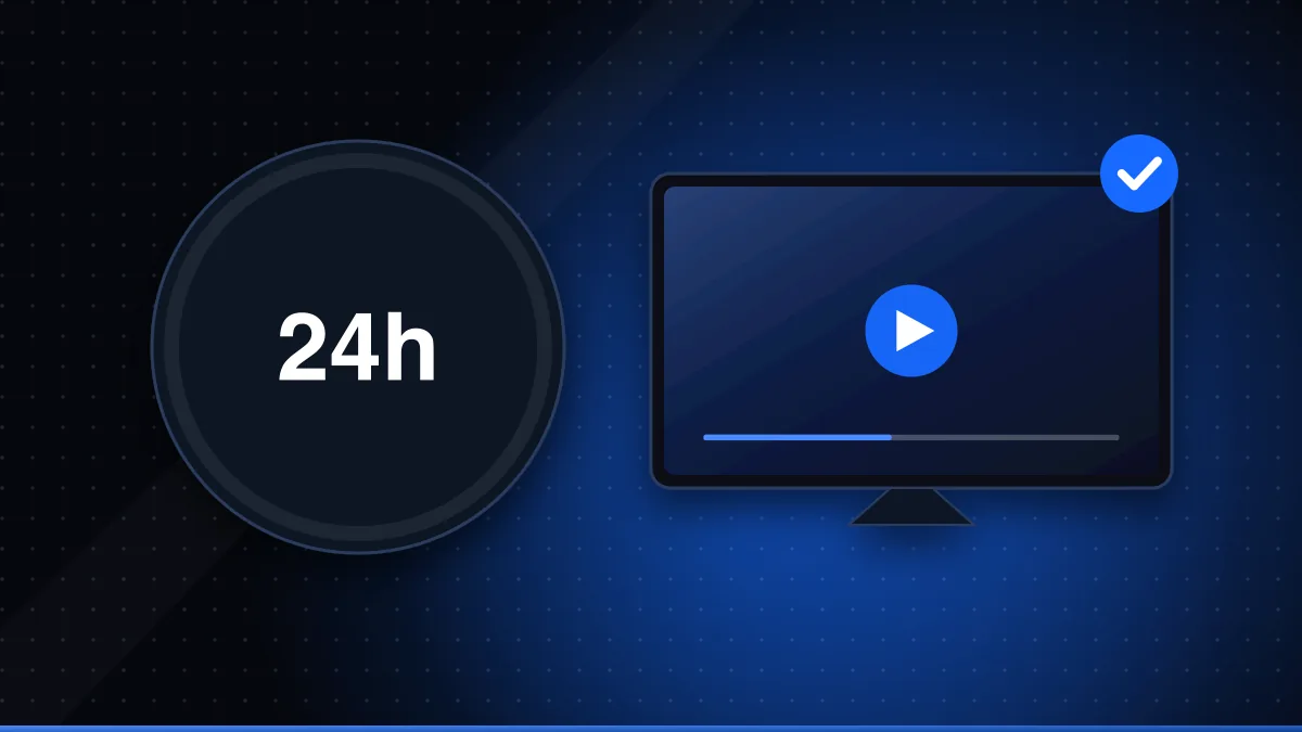 Illustration of a 24-hour clock next to a TV playing a stream, representing a one-day IPTV trial