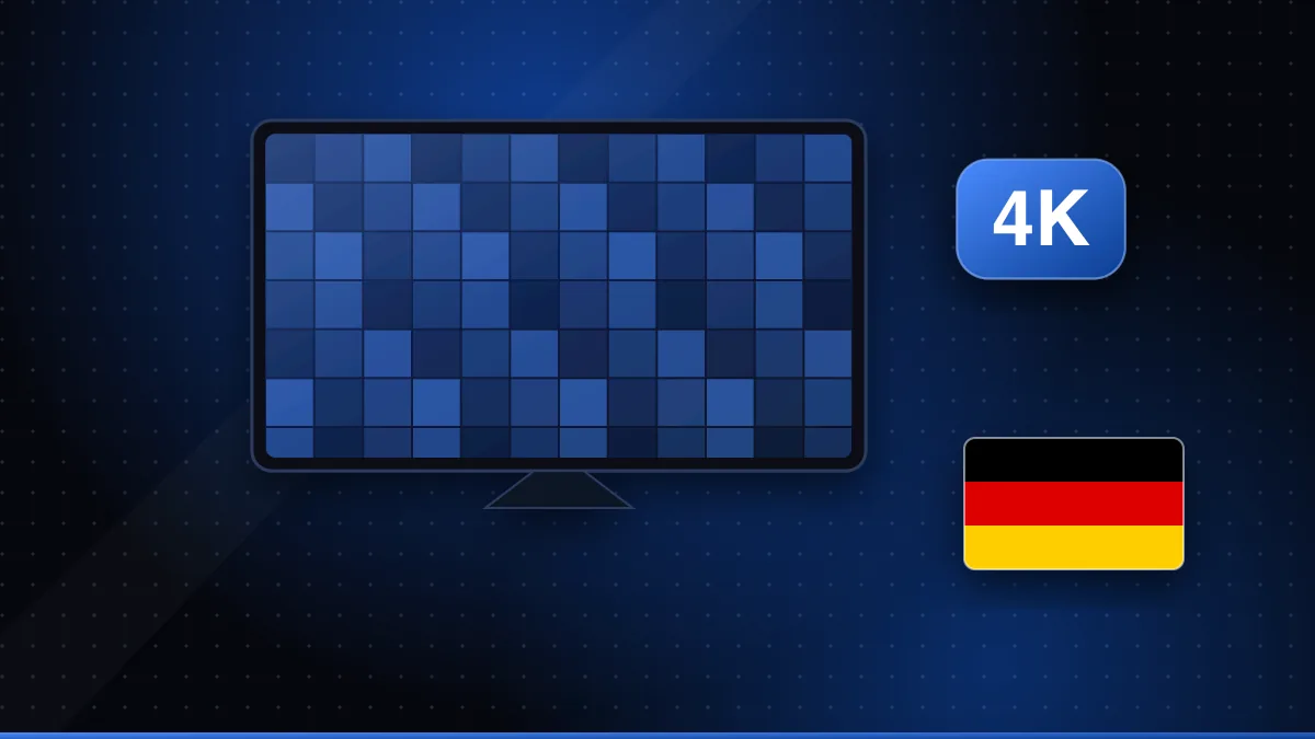 Illustration eines 4K-Fernsehers mit sichtbarem Pixelraster, einem 4K-Abzeichen, Signalbalken und deutscher Flagge