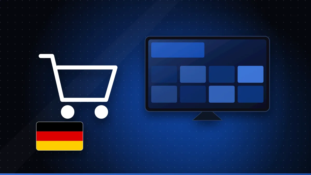 Illustration eines Einkaufswagens neben einem Fernseher mit Senderübersicht und einer deutschen Flagge
