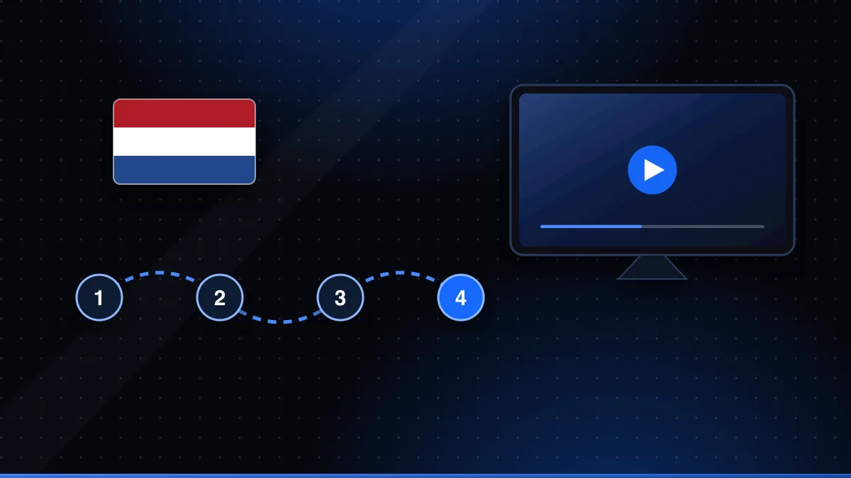 Illustratie van een stappenplan met wegwijzer, een televisie en een Nederlandse vlag