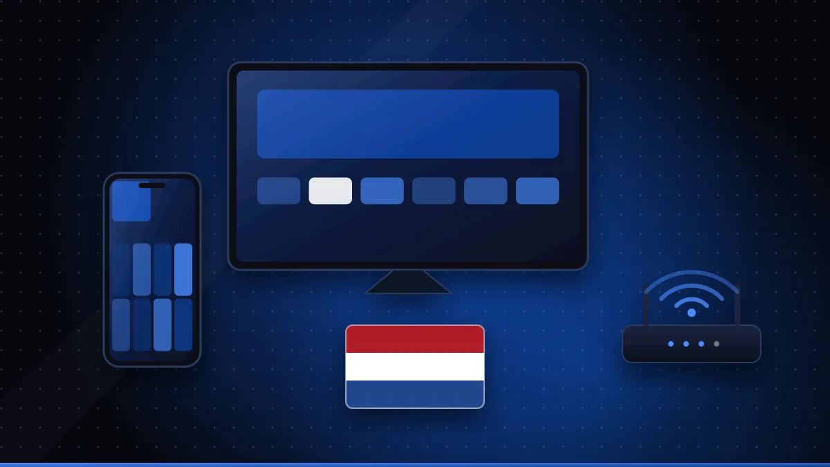 Illustratie van een smart-tv, een streamingbox, een telefoon en een router naast een Nederlandse vlag
