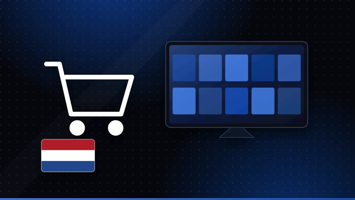 Illustratie van een winkelwagen naast een televisie met zenderoverzicht en een Nederlandse vlag