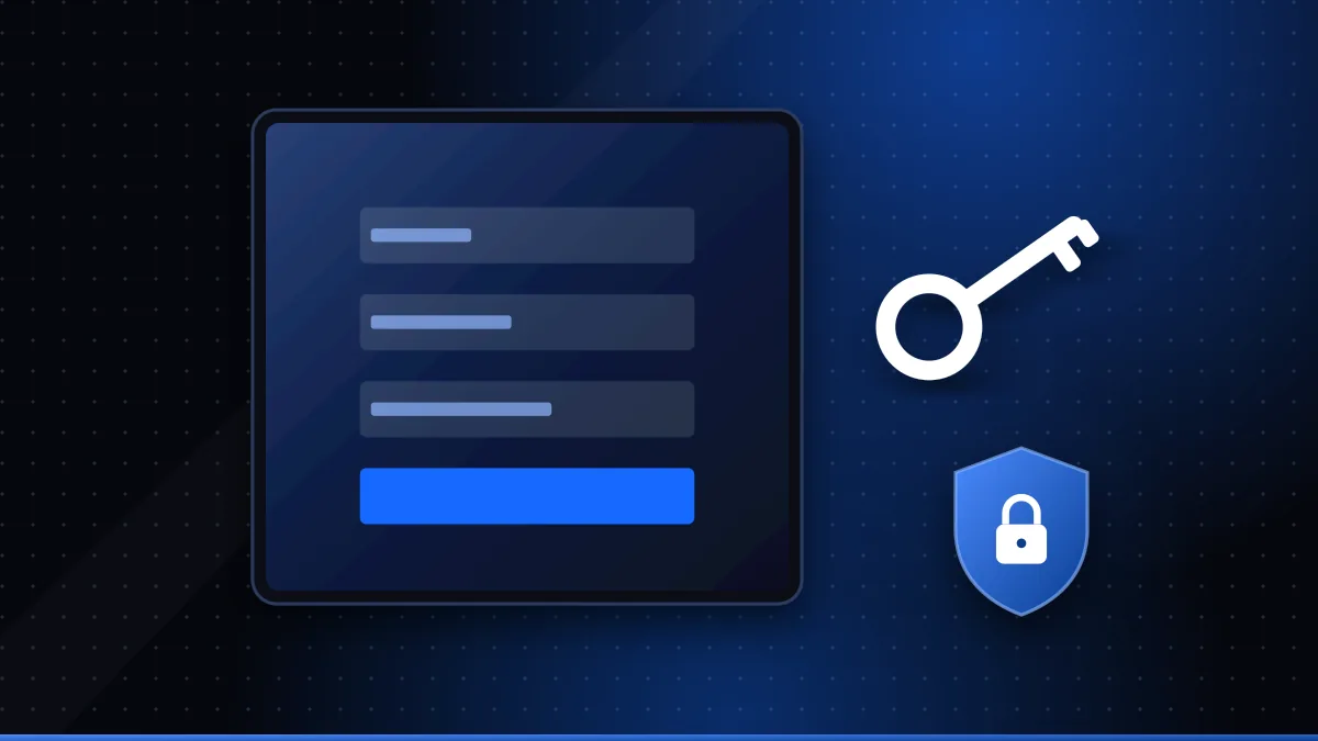 Illustration of a tablet login screen with three fields, a key and a padlock shield