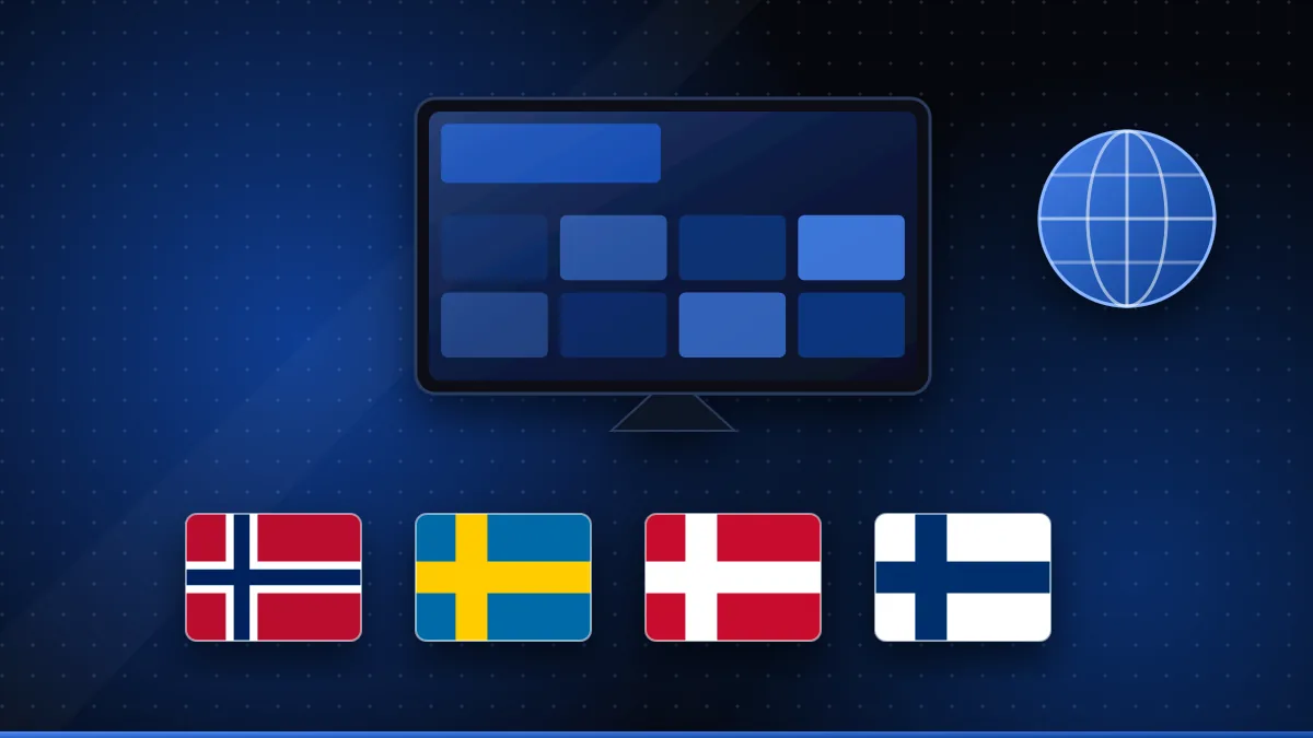 Illustration of a TV channel grid surrounded by Norwegian, Swedish, Danish and Finnish flags and a globe