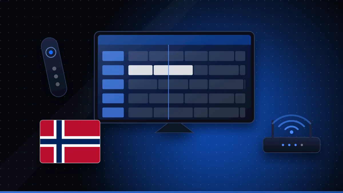 Illustration of a TV and tablet showing a channel guide next to a Norwegian flag and a Wi-Fi router