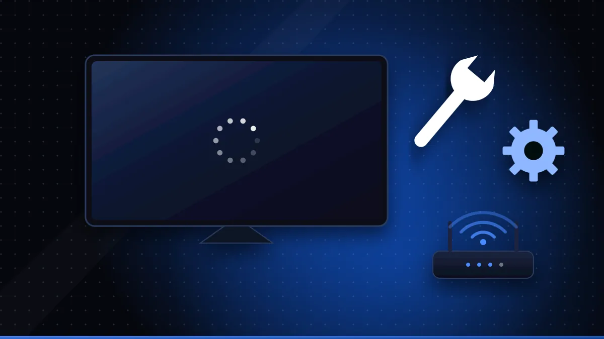 Illustration of a TV showing a buffering spinner with a wrench, a gear and a Wi-Fi router