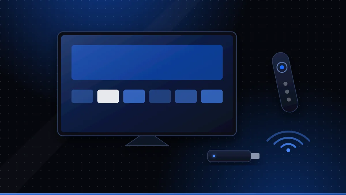 Illustration of a TV app screen with an HDMI streaming stick, a remote control and Wi-Fi signal