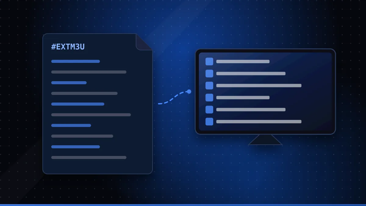 Illustration of an #EXTM3U playlist file feeding a channel list on a television