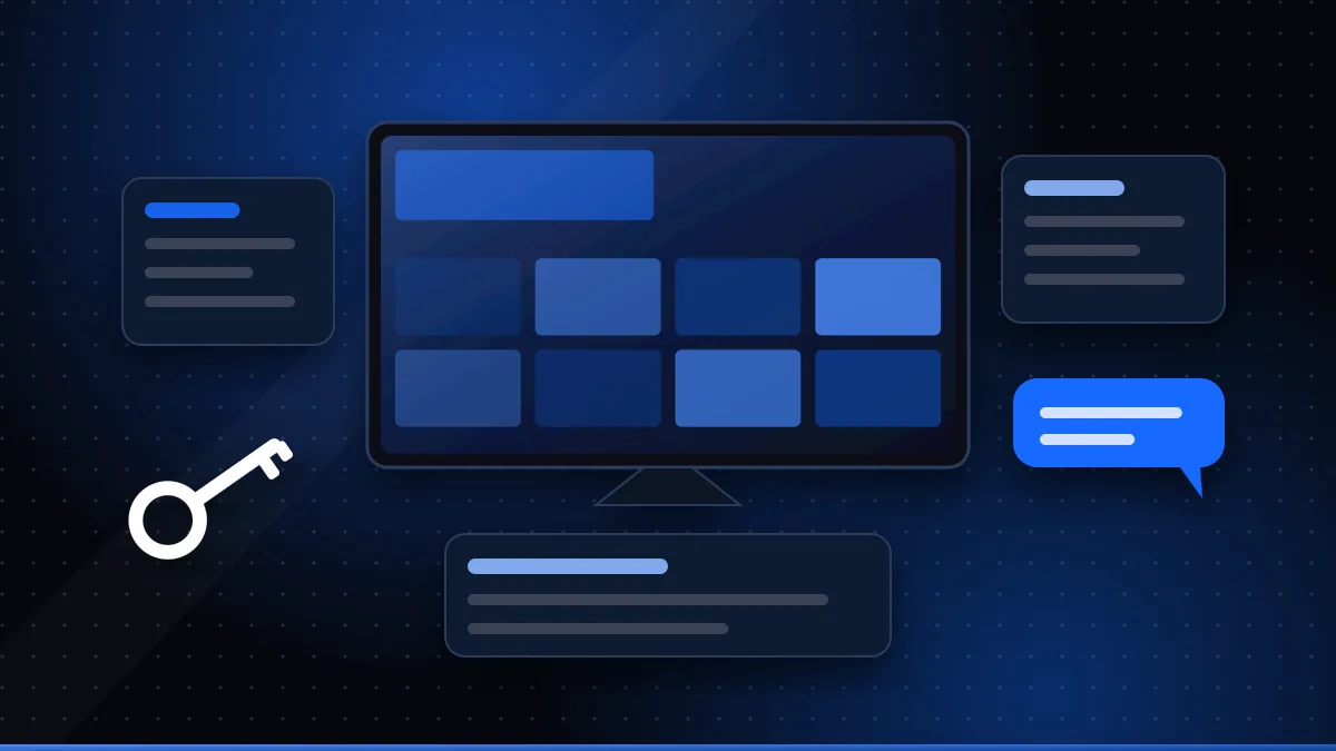 Illustration of an IPTV service's building blocks: a TV channel grid, account key, guide data cards and a support chat