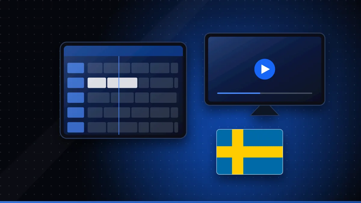 Illustration av en tv med programguide, en surfplatta och en svensk flagga bredvid en router