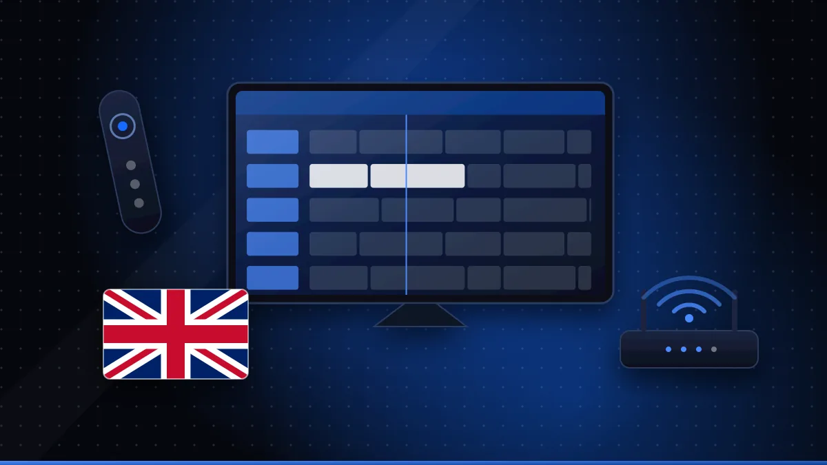 Illustration of a TV programme guide with a UK flag, a remote control and a broadband router