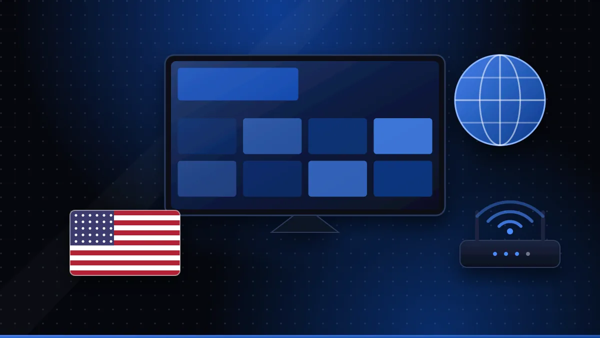 Illustration of a TV channel grid with a US flag, a globe and a Wi-Fi router