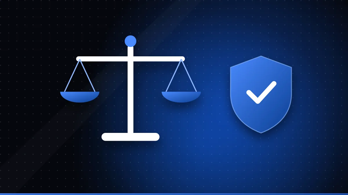 Illustration of balanced scales of justice next to a shield with a tick, representing licensed streaming