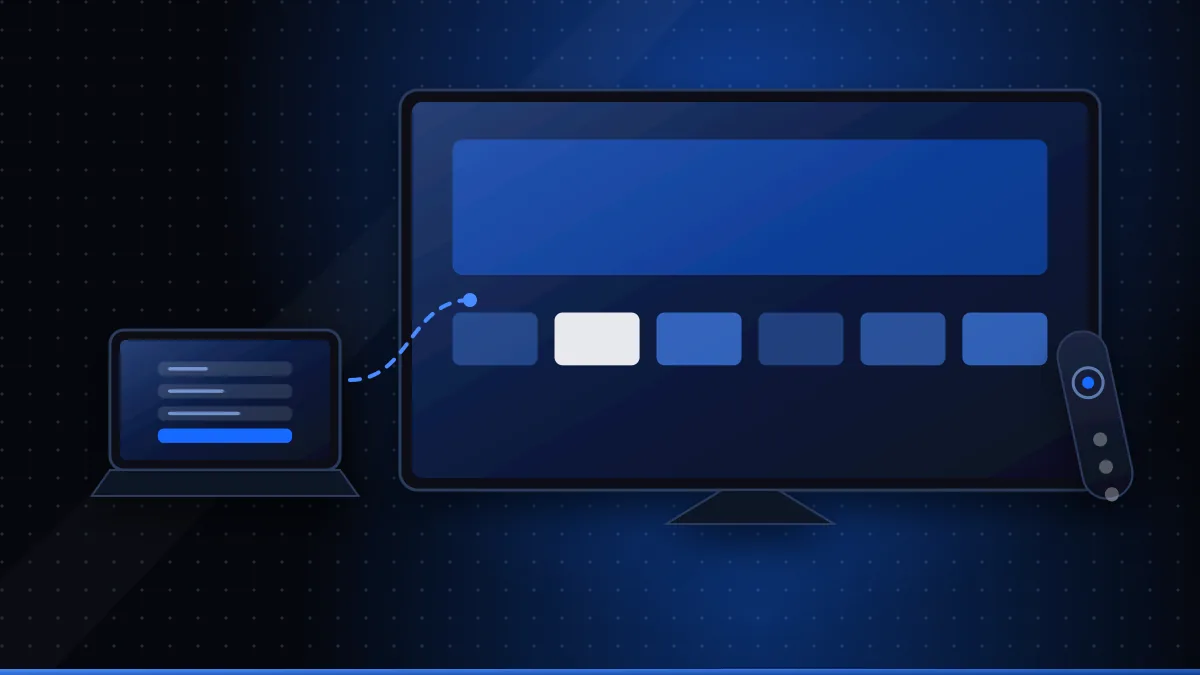 Illustration of a laptop sending a playlist to a Smart TV app screen, with a TV remote