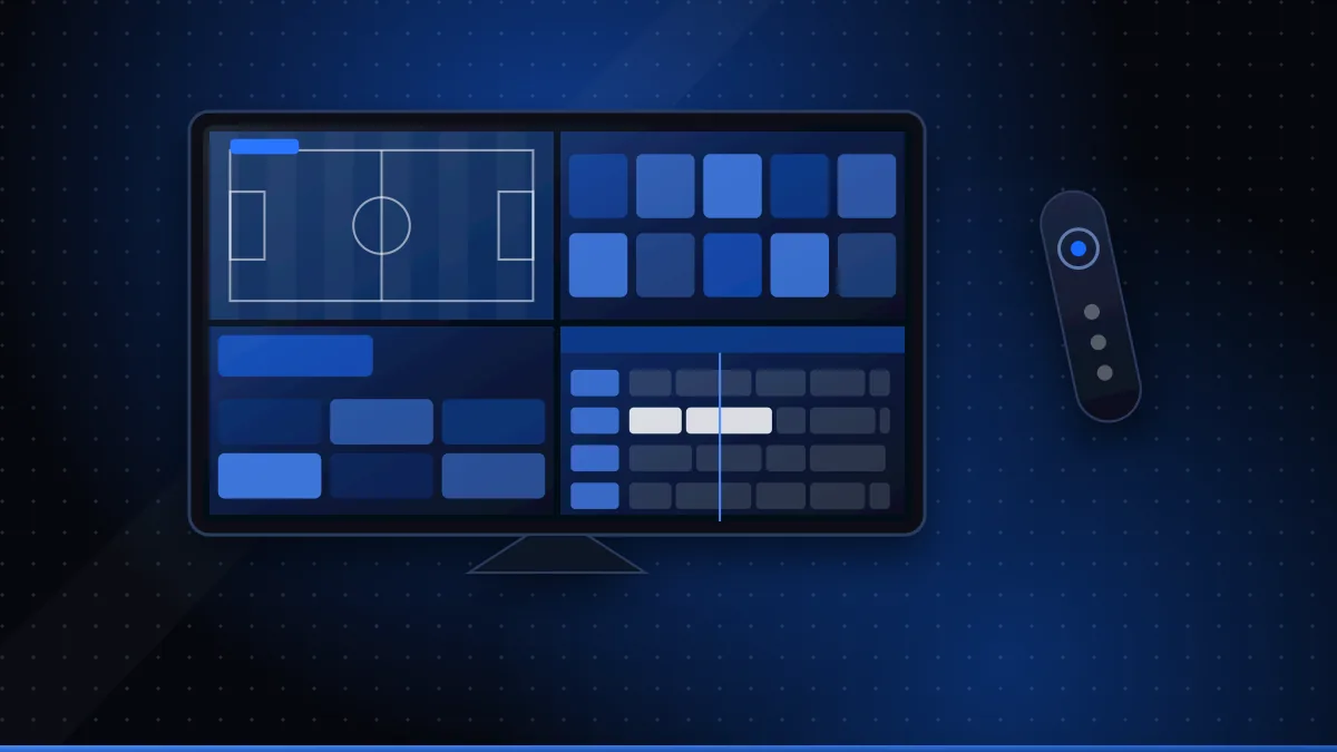 Illustration of a TV showing a programme guide grid and a four-way multiview layout with a remote control