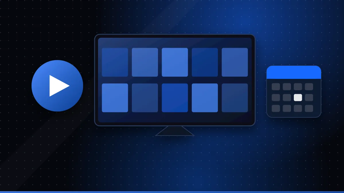 Illustration of a play button, a TV showing a grid of film posters and a calendar