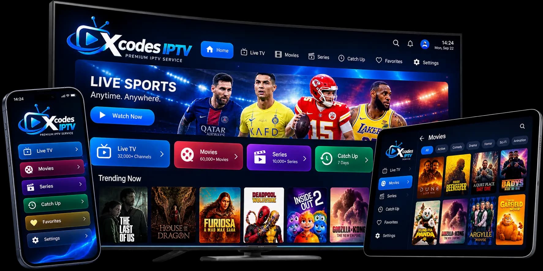 XCodes IPTV app interface with Live TV, Movies, Series, Catch Up and Favorites menus on TV, phone and tablet